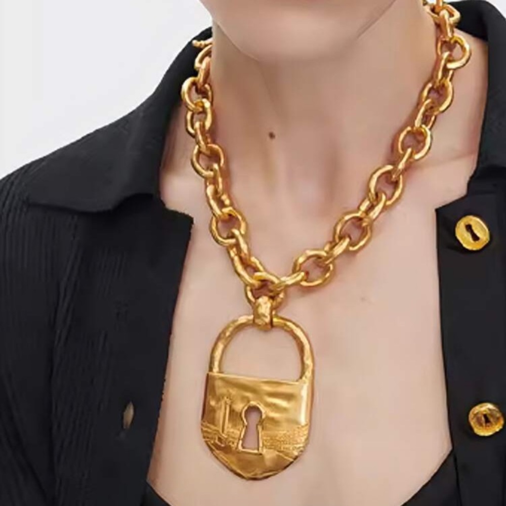 Gold Padlock Statement Chain Necklace - Women Jewelry